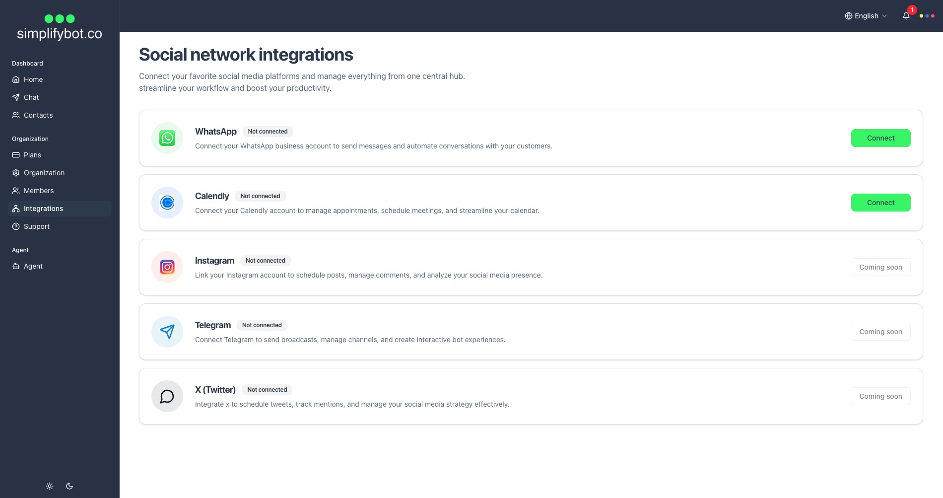 Agent setup in Simplifybot dashboard