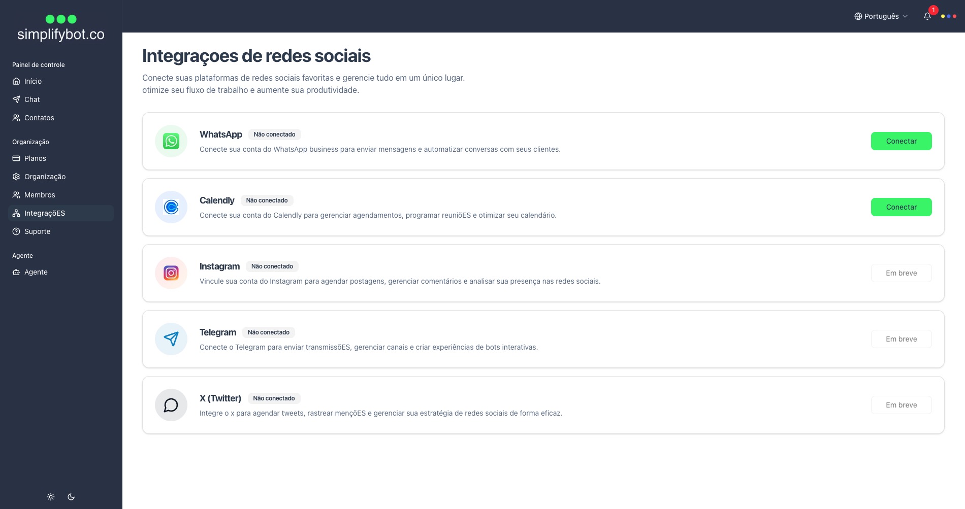 Agent setup in Simplifybot dashboard