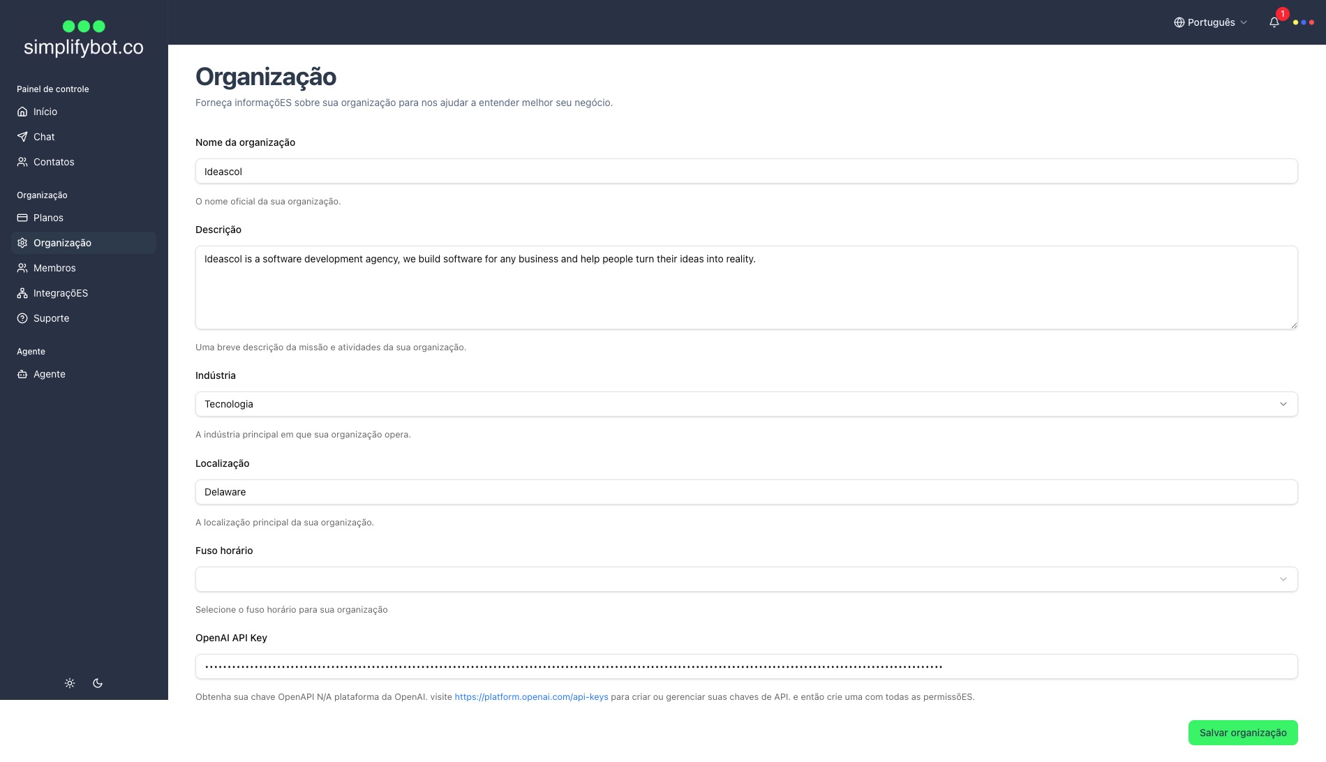 Organization setup in Simplifybot dashboard